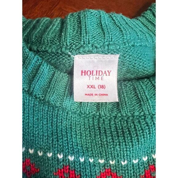 Holiday Time pug bulldog Boys XXL 18 Christmas Sweater Clover Green ugly festive - Picture 5 of 5